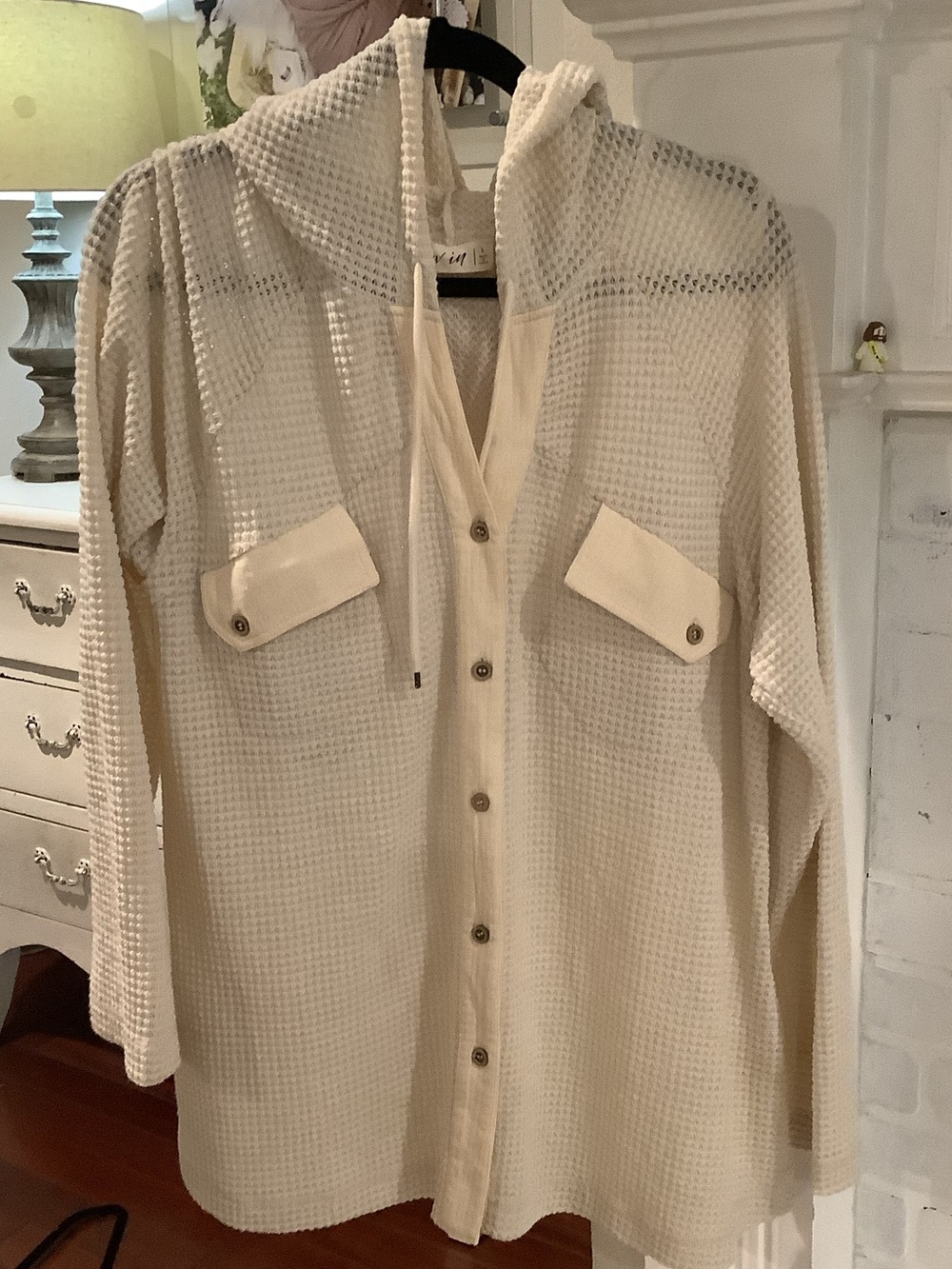 Waffle-Knit Hooded Button-Front Shirt Jacket in Cream